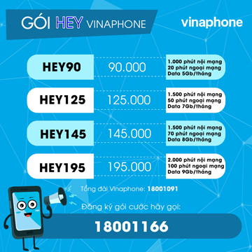gói cước Vinaphone Hey90, Hey125, Hey145, Hey195