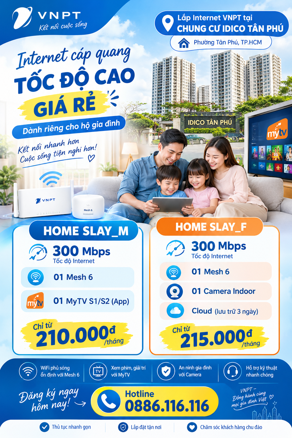 Internet cáp quang VNPT tại chung cư IDICO Tân Phú Gói cước hộ gia đình chỉ từ 210.000đ/tháng