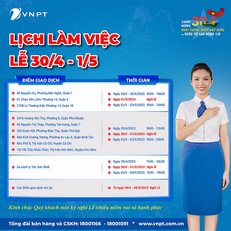 Lịch trực lễ 30/04 và 01/05 tại điểm giao dịch VNPT VinaPhone HCM