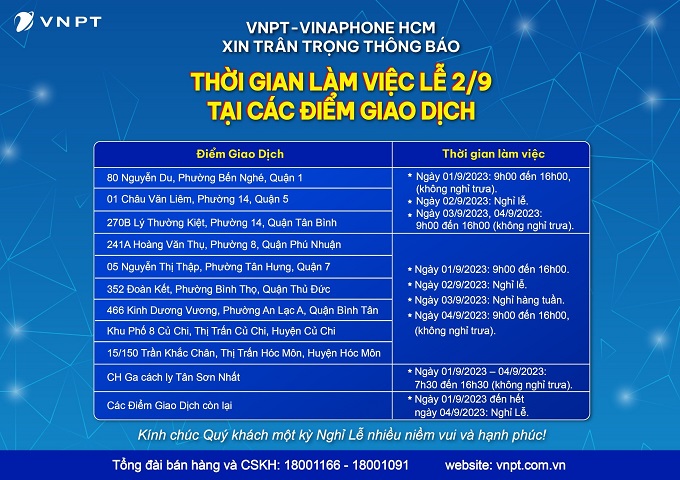 VNPT Vinaphone thông báo thời gian làm việc dịp Lễ 02/09 tại các điểm giao dịch trong TP.HCM