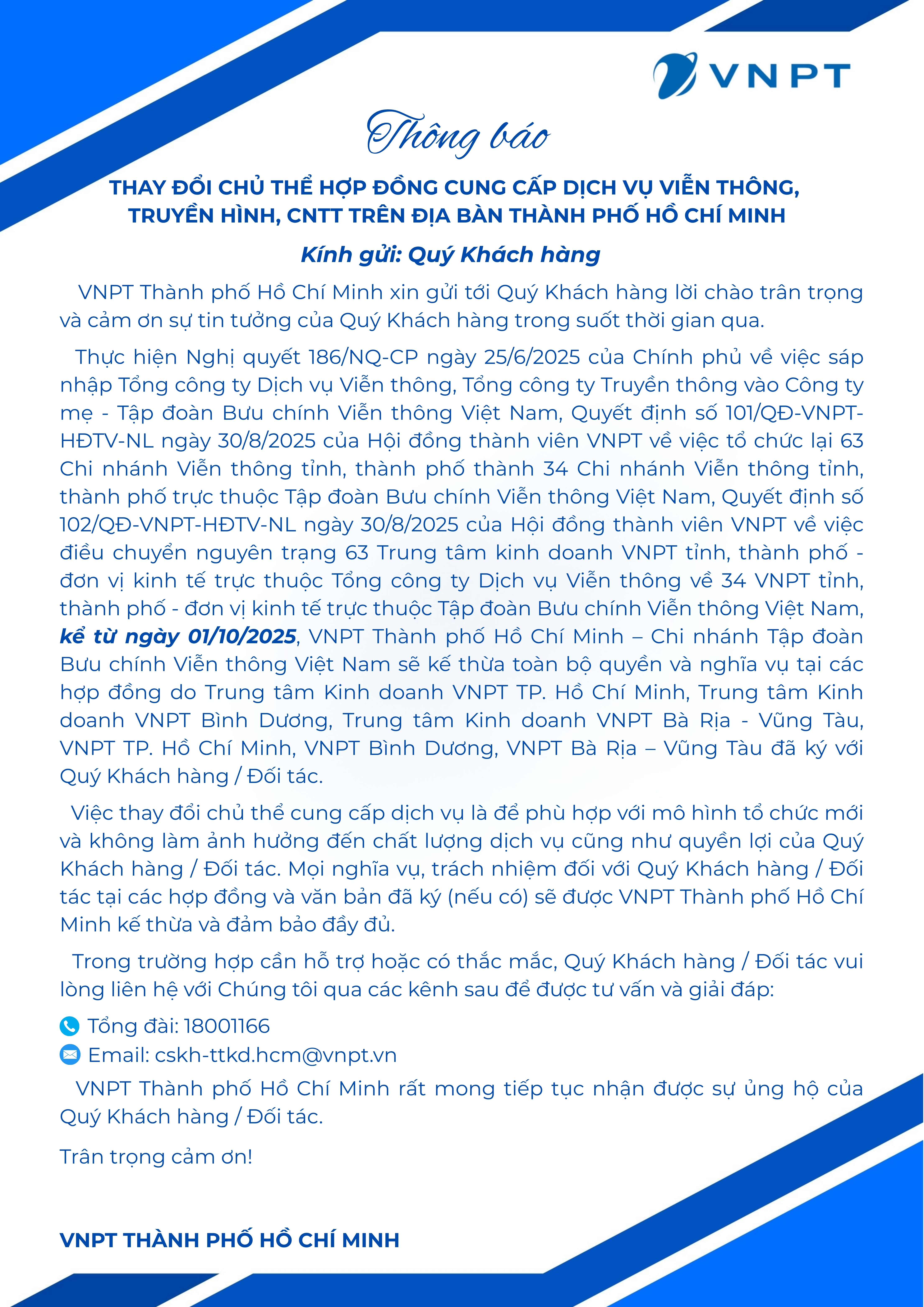 VNPT THÔNG BÁO CHÍNH THỨC VỀ VIỆC THAY ĐỔI CHỦ THỂ ĐƠN VỊ