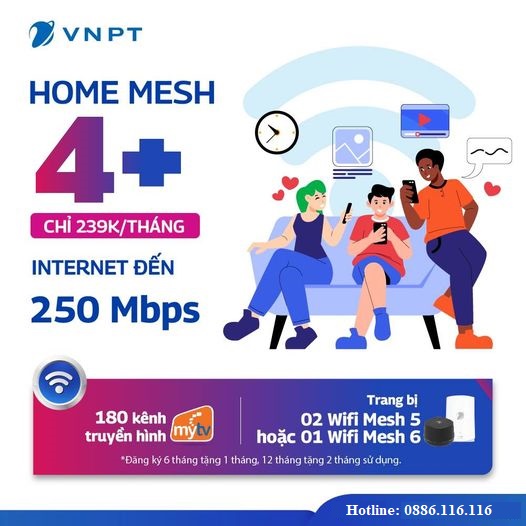 Lắp internet wifi tốc độ cao gia đình sử dụng gói Home Mesh 4 kèm truyền hình MyTV của VNPT