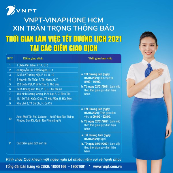 Lịch làm việc VNPT Vinaphone Tết Dương Lịch 1/1/2021 Tại TPHCM