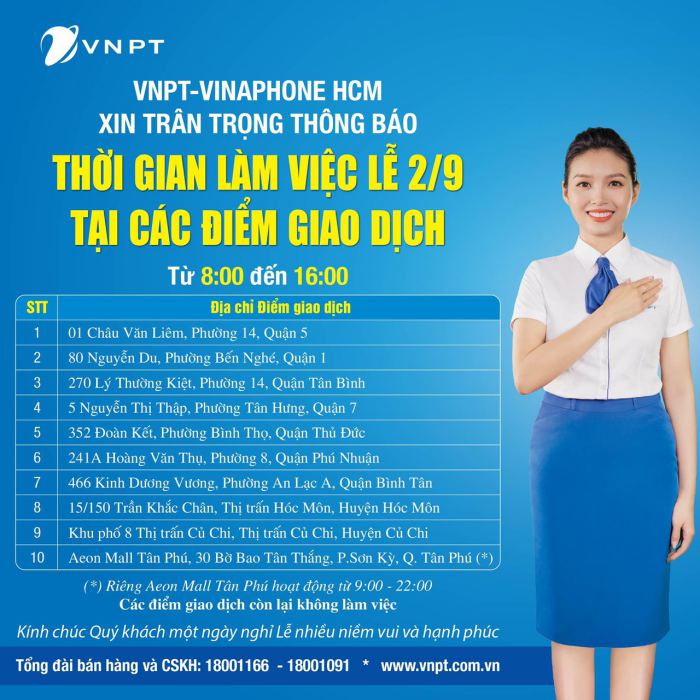 Các Điểm Giao Dịch VNPT Vinaphone TPHCM Làm Việc Lễ Quốc Khánh 2020