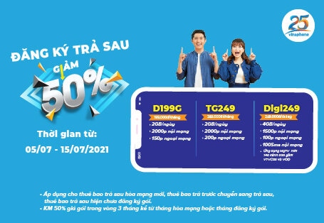 Giảm 50% Gói Cước Vinaphone Trả Sau Đăng Ký Đến 15-07-2021